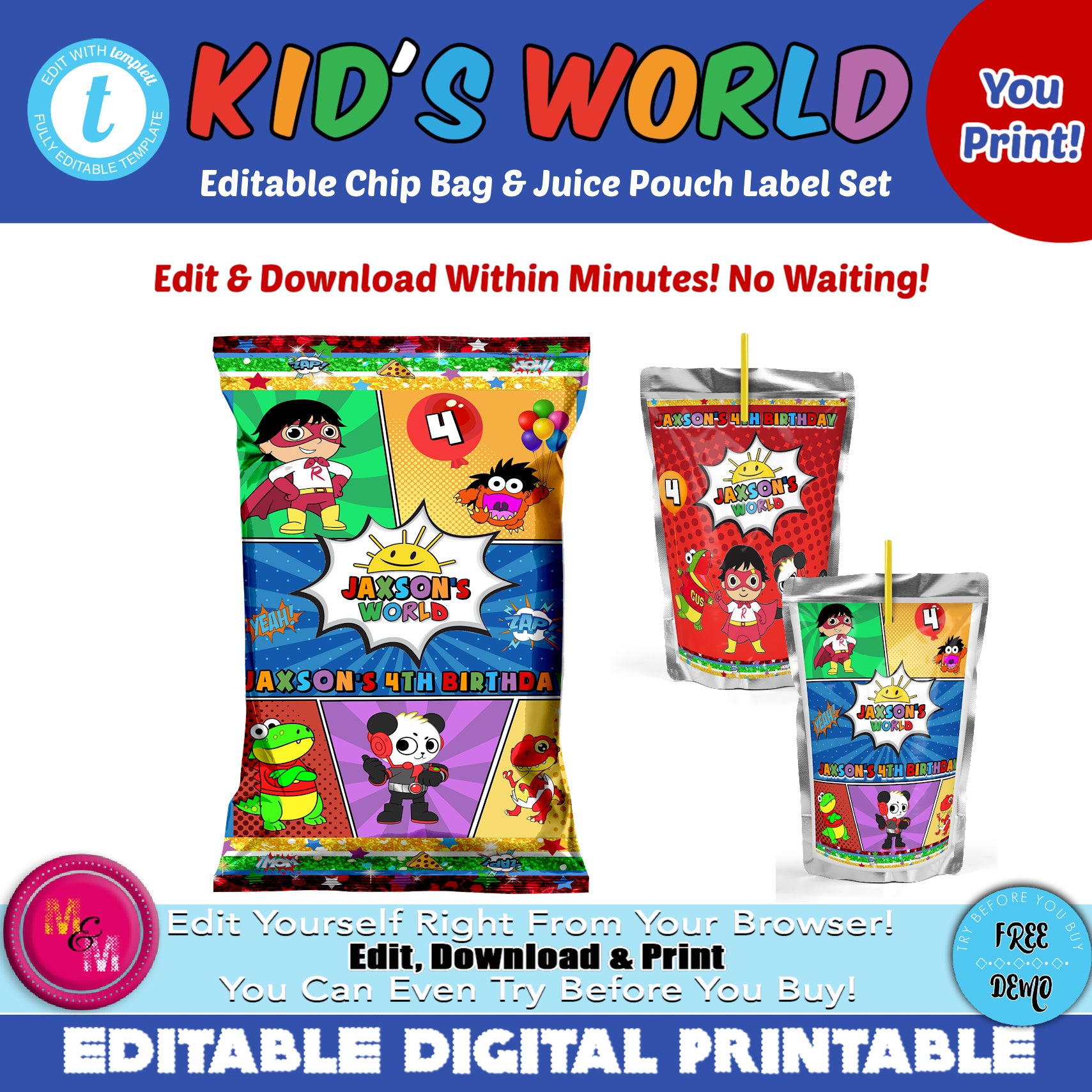 Editable Kid's World Chip Bag & Juice Pouch Set, Kid's World Party Decorations