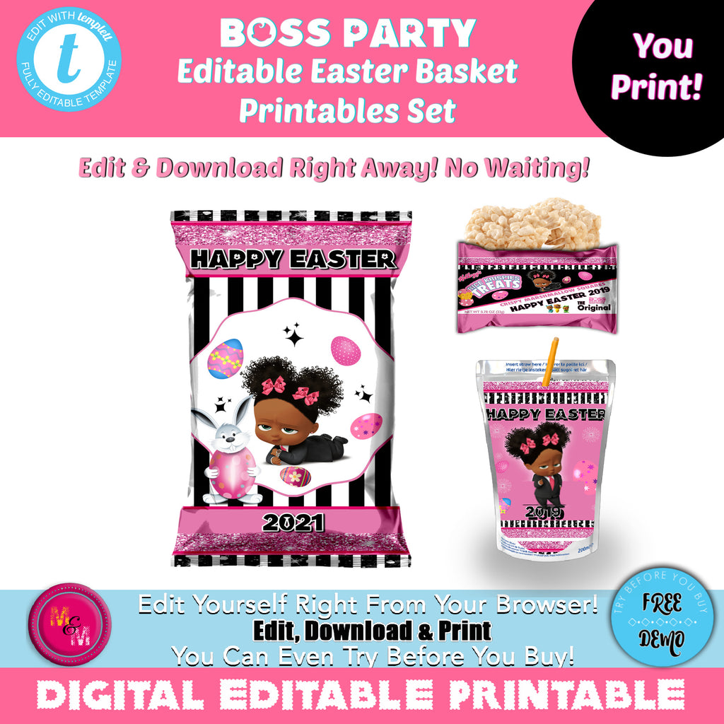 Editable Pink Boss Party Easter Chip Bag & Juice Pouch Label Set, Girl Boss Party Capri Sun Labels, Boss Party Easter Basket Printables