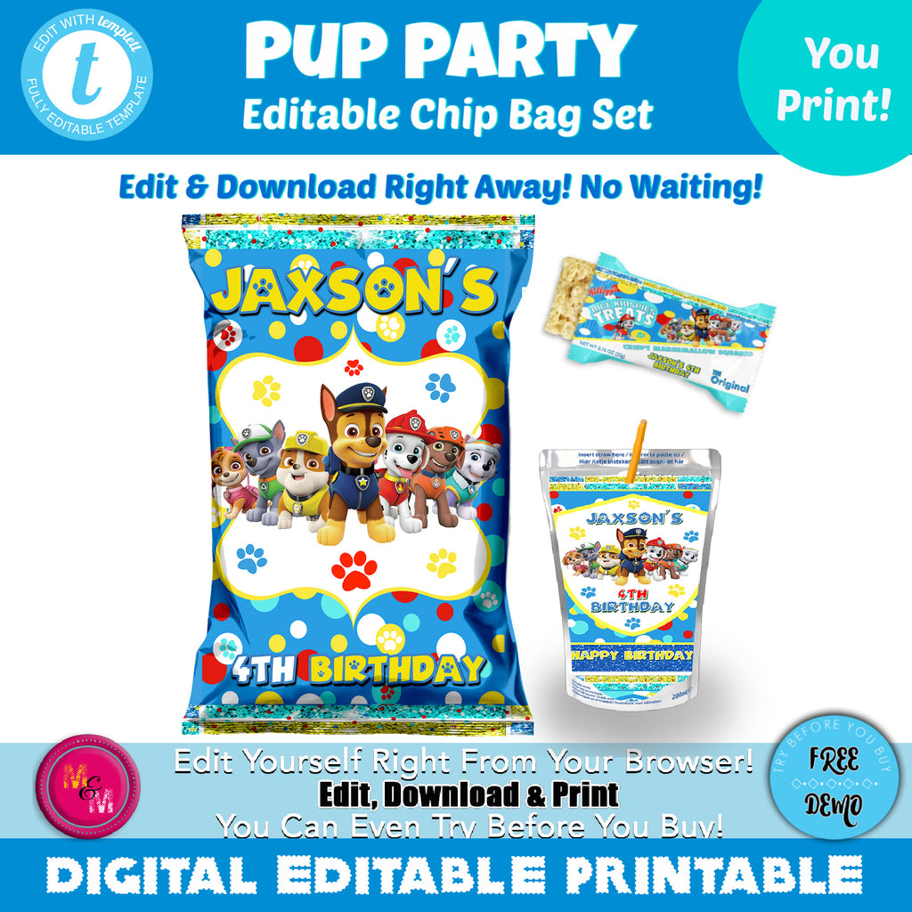 Editable Pup Party  Birthday Chip Favor Bag & Capri Sun Label Printable Set, Personalized Pup Party favor bag, Templett