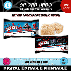 Editable Into the Spider Hero Rice Krispies Wrapper Printables, Spiderman Rice Krispies Wrappers, Miles Morales, Spider Hero Birthday