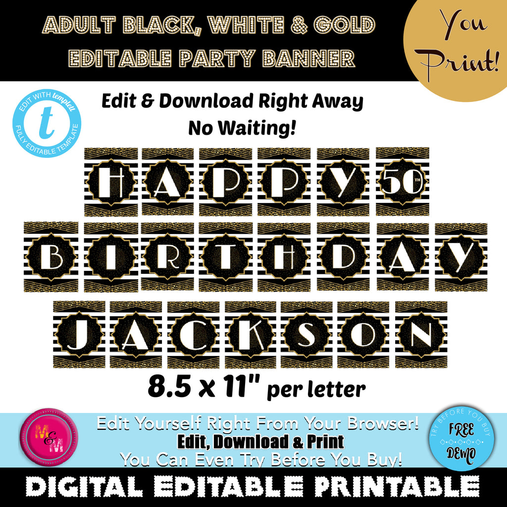 Editable Black and White Party Banner, New Years Party Banner, Adult Party Signs