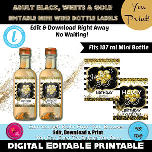 Editable Adult Black and  White Gold Party Mini Wine Bottle Labels