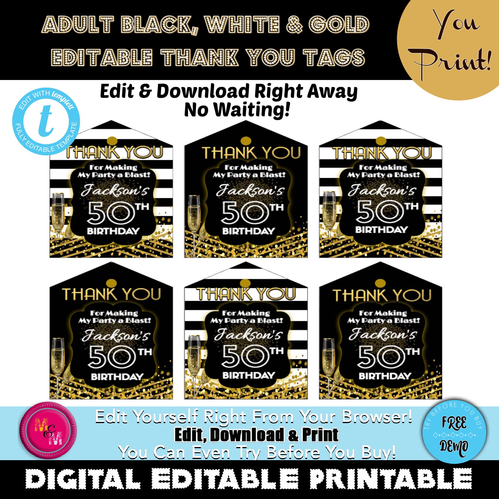Editable Black, White & Gold Thank You Favor Tags Printable, Black and White Gift Bag Tags, Black and White Thank You Tags, Gift Bag Tags