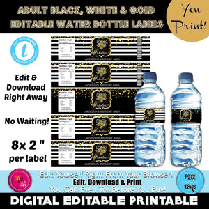 Editable Black, White & Gold Birthday Party Water Bottle Labels, Adult Party Water Bottle Wrappers, Black and White Party, New Years Party