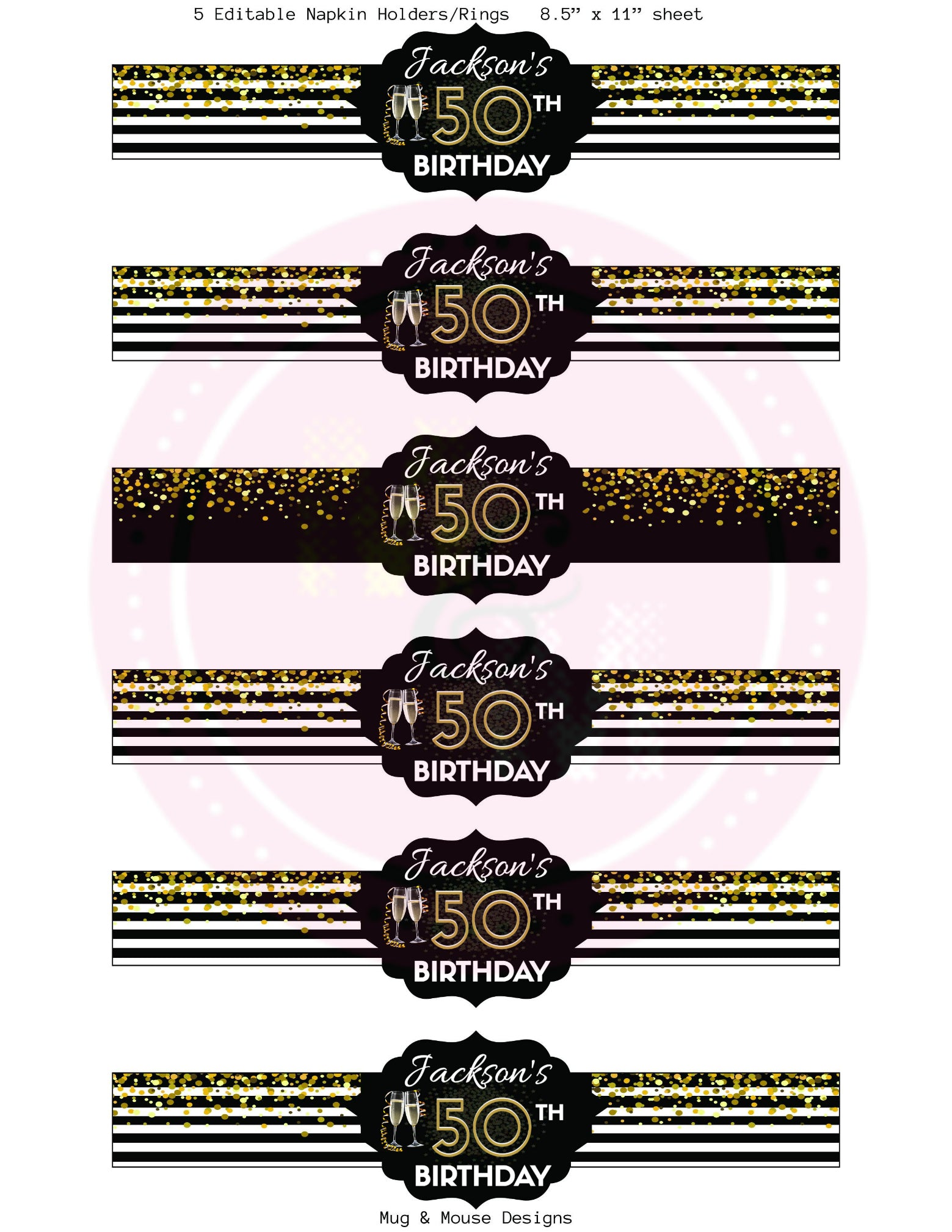Editable Black, White and Gold Birthday Party Napkin Holder Labels, Black, White & Gold Birthday Party Napkin Rings,  Black and White Party - mugandmousedesigns