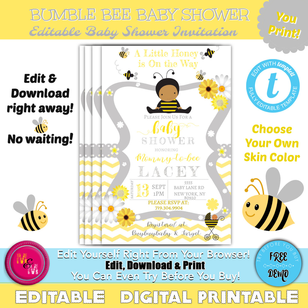 Editable Bumble Bee Baby Shower Invitations Printable, Bumblebee Invit ...