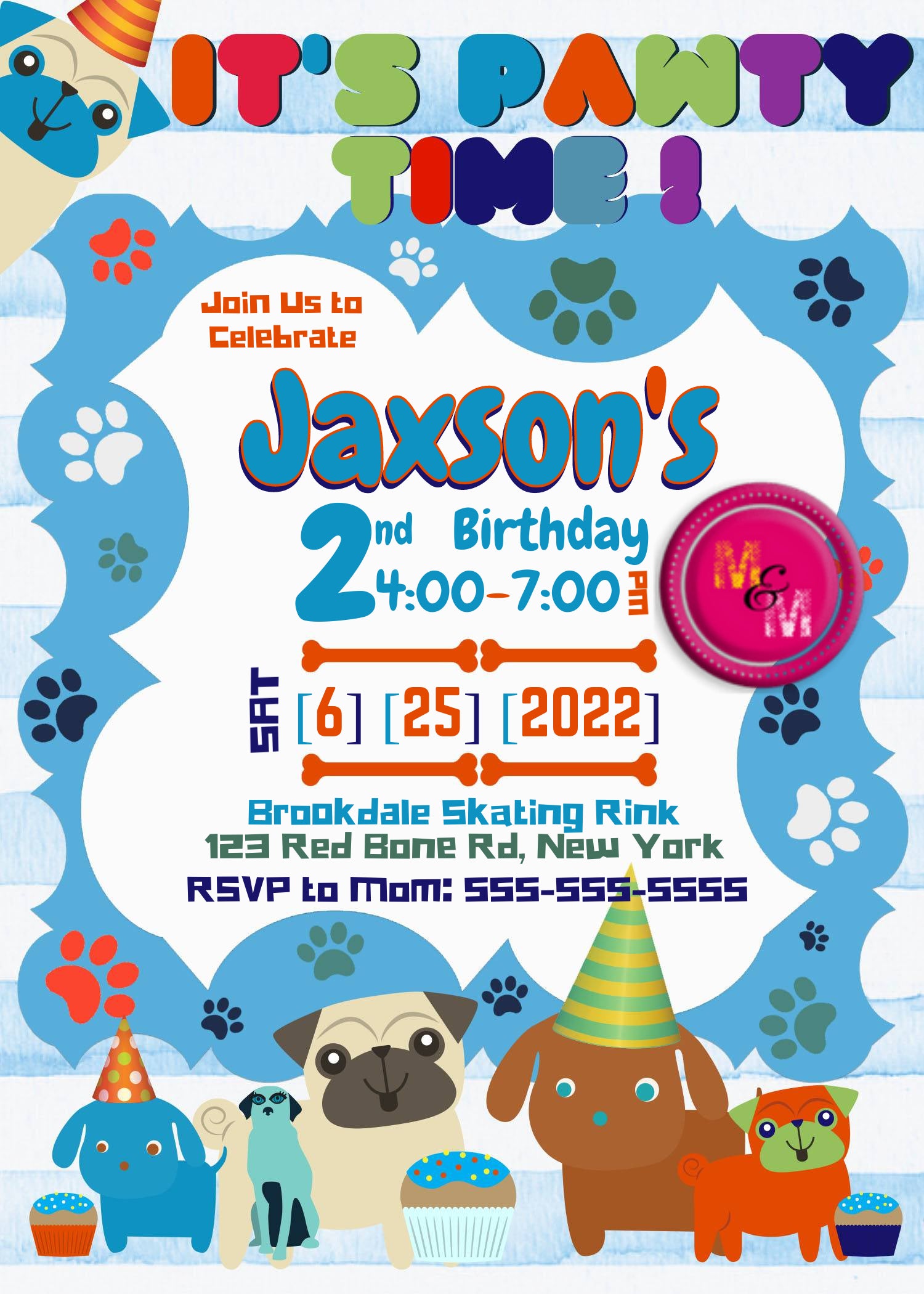 Editable Pawty Time  Blue Cute Puppy Dog Birthday Invitation, DIY Print, Puppy Invitation