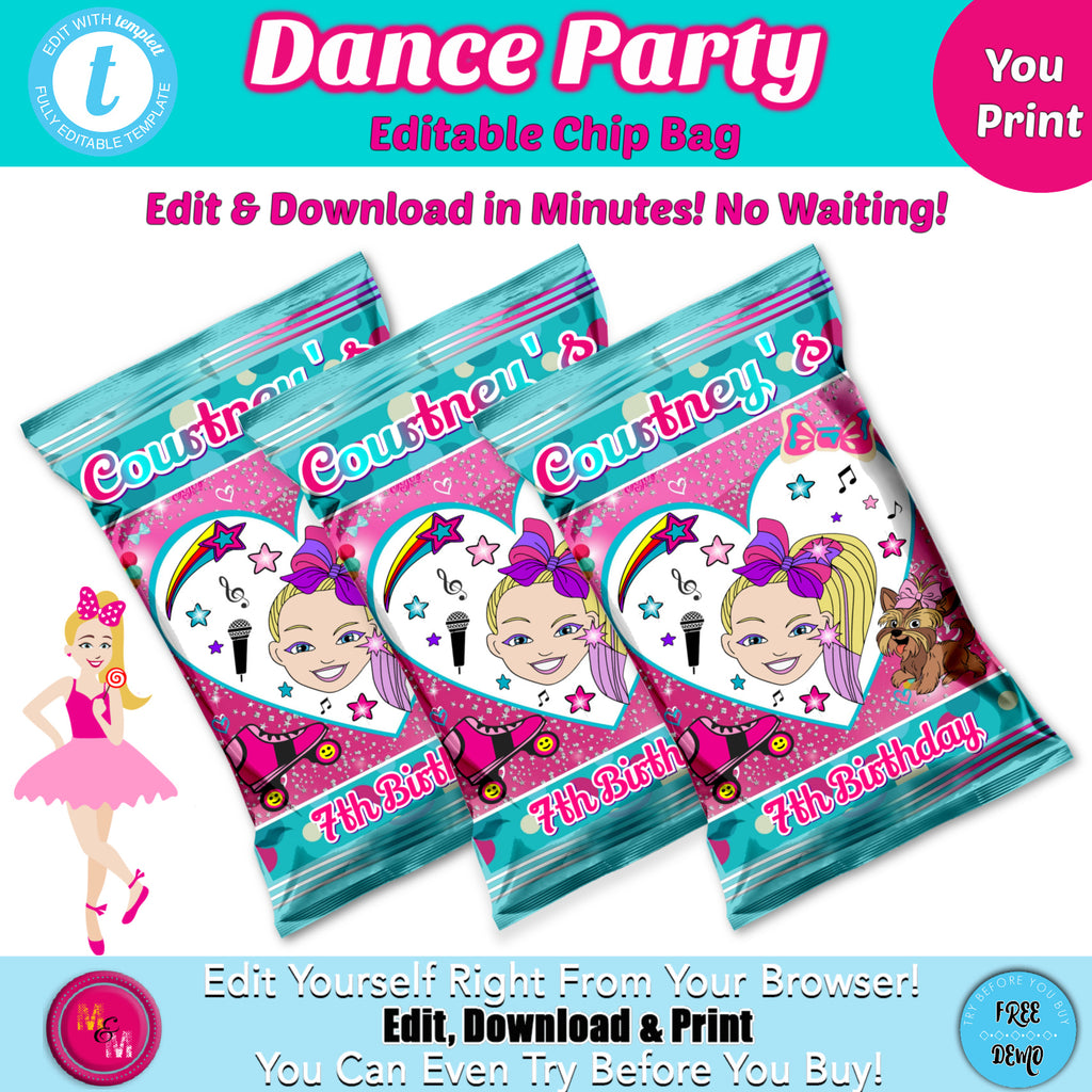 Editable Dance Party Birthday Chip Favor Bag Printable, Personalized Dance Party favor bag, Printable favor bags, Edit with Templett