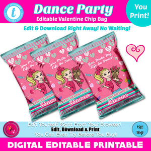 Editable Dance Party Valentine's Day Chip Favor Bag Printable, Personalized Dance Party favor bag, Edit with Templett, Dance Party Candy Bags
