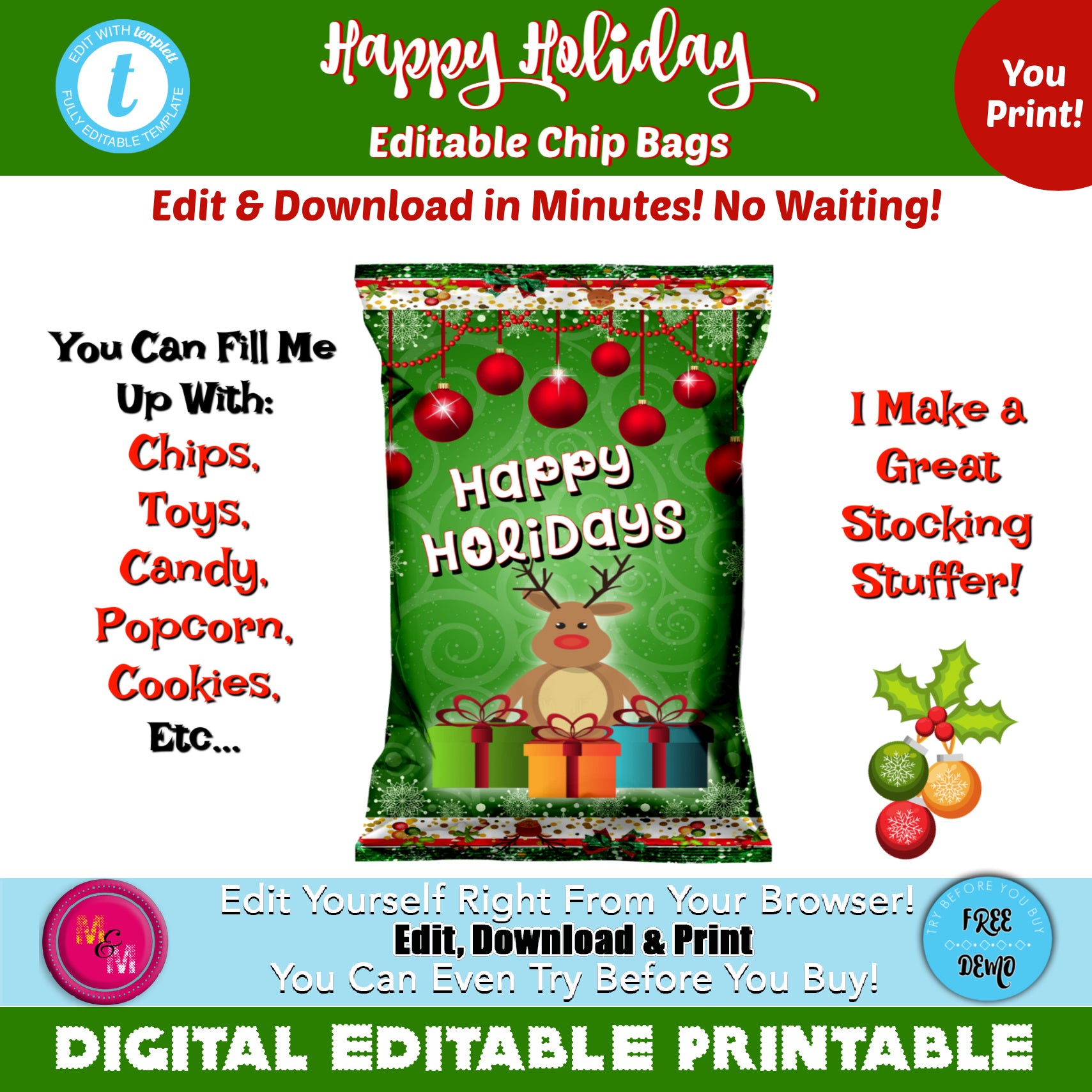 Editable Holiday Chip Favor bags, Christmas favor bags, Printable