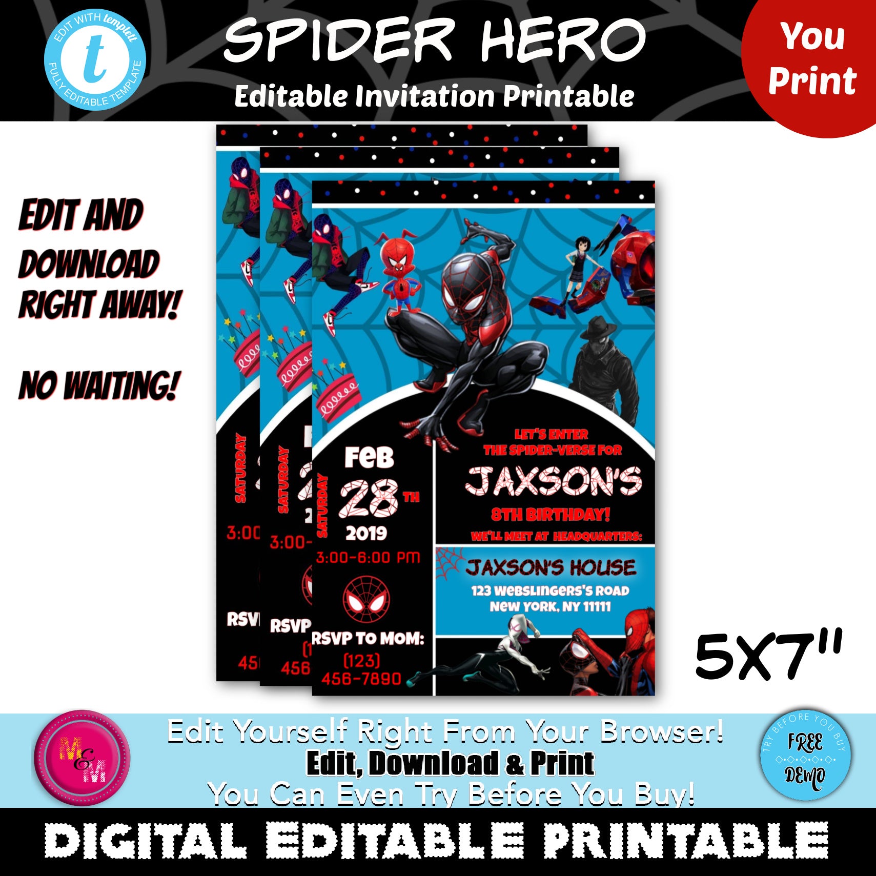 Editable Spider Hero Birthday Invitation Printable, Superhero Invitation