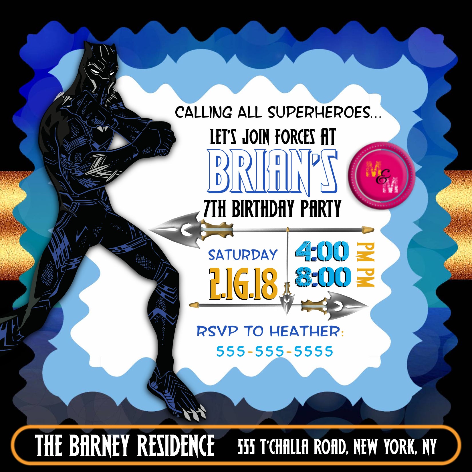 Editable Blue Black Superhero Party Scallop Invitation, Superhero Invitation