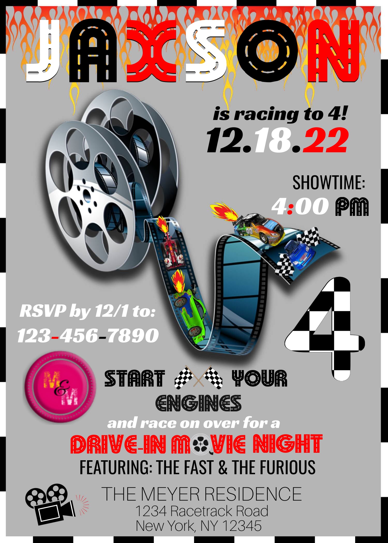 Editable Drive in Movie Party Invitations, Movie Night Invite, Race car Invites