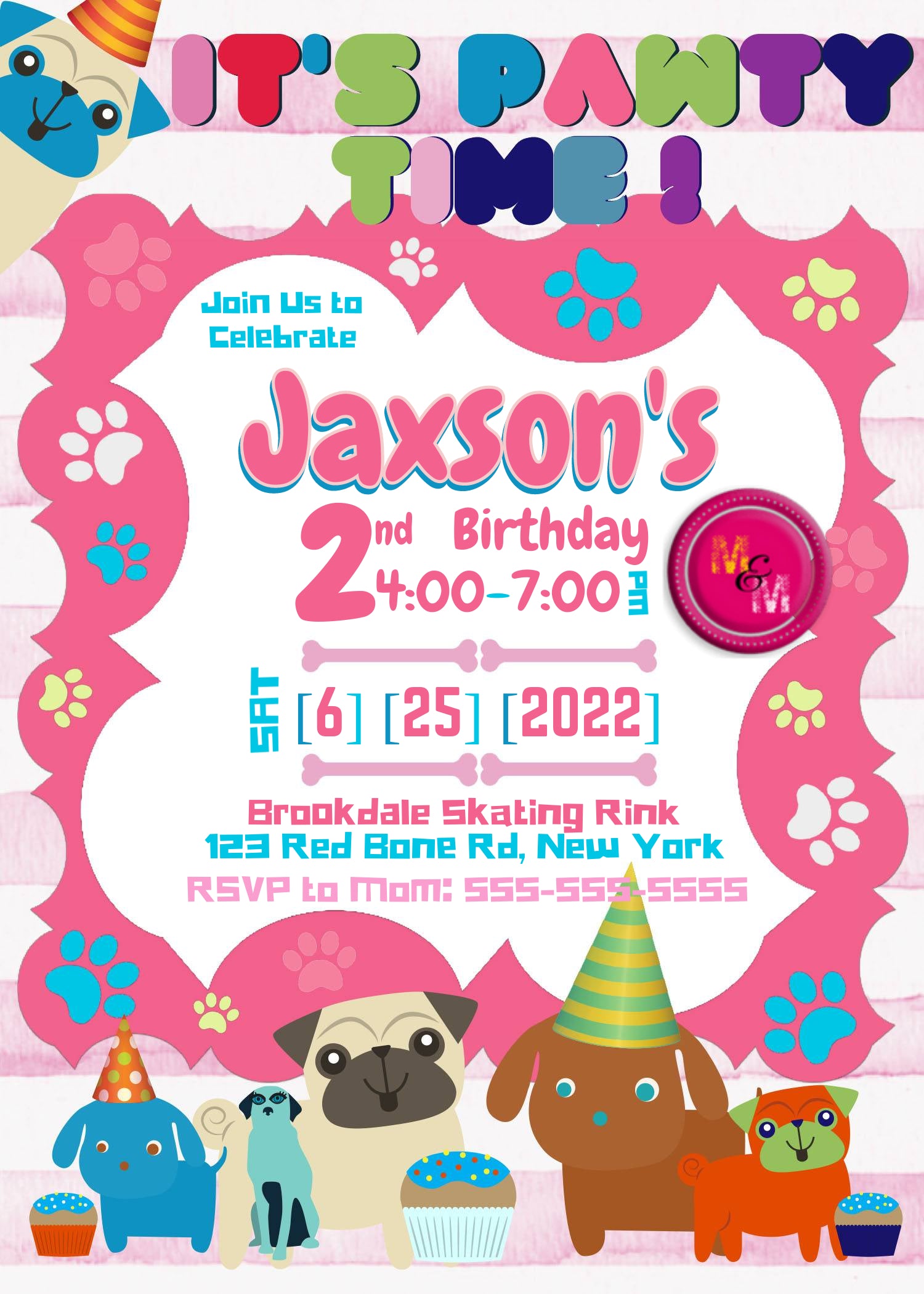 Editable Pawty Time Pink Cute Puppy Dog Birthday Invitation, DIY Print, Puppy Invitation