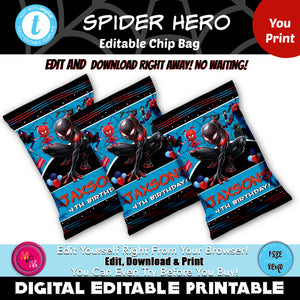 Editable Spider Hero Chip Bag, spider man spider verse party favors