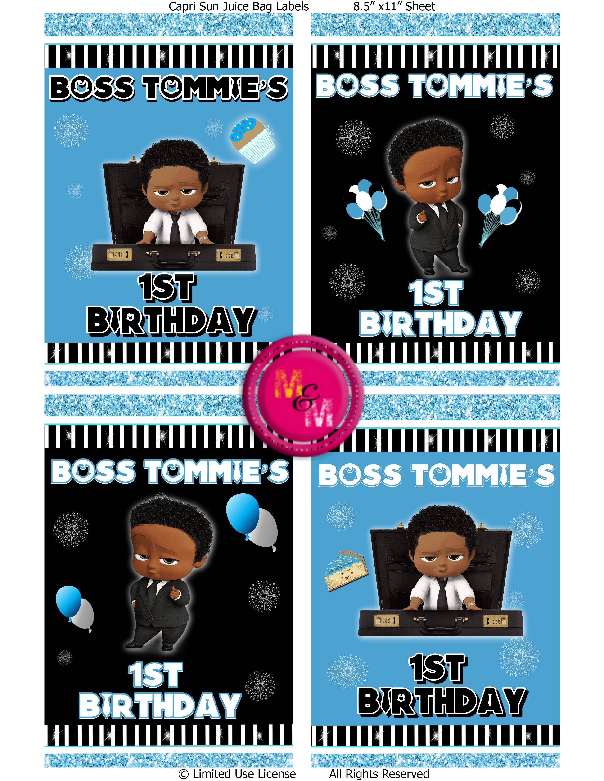 Editable Blue Boss Party Birthday Chip Bag Set & Juice Pouch Set, Brown Boss Party Capri Sun Labels, Boss Party Birthday Printables