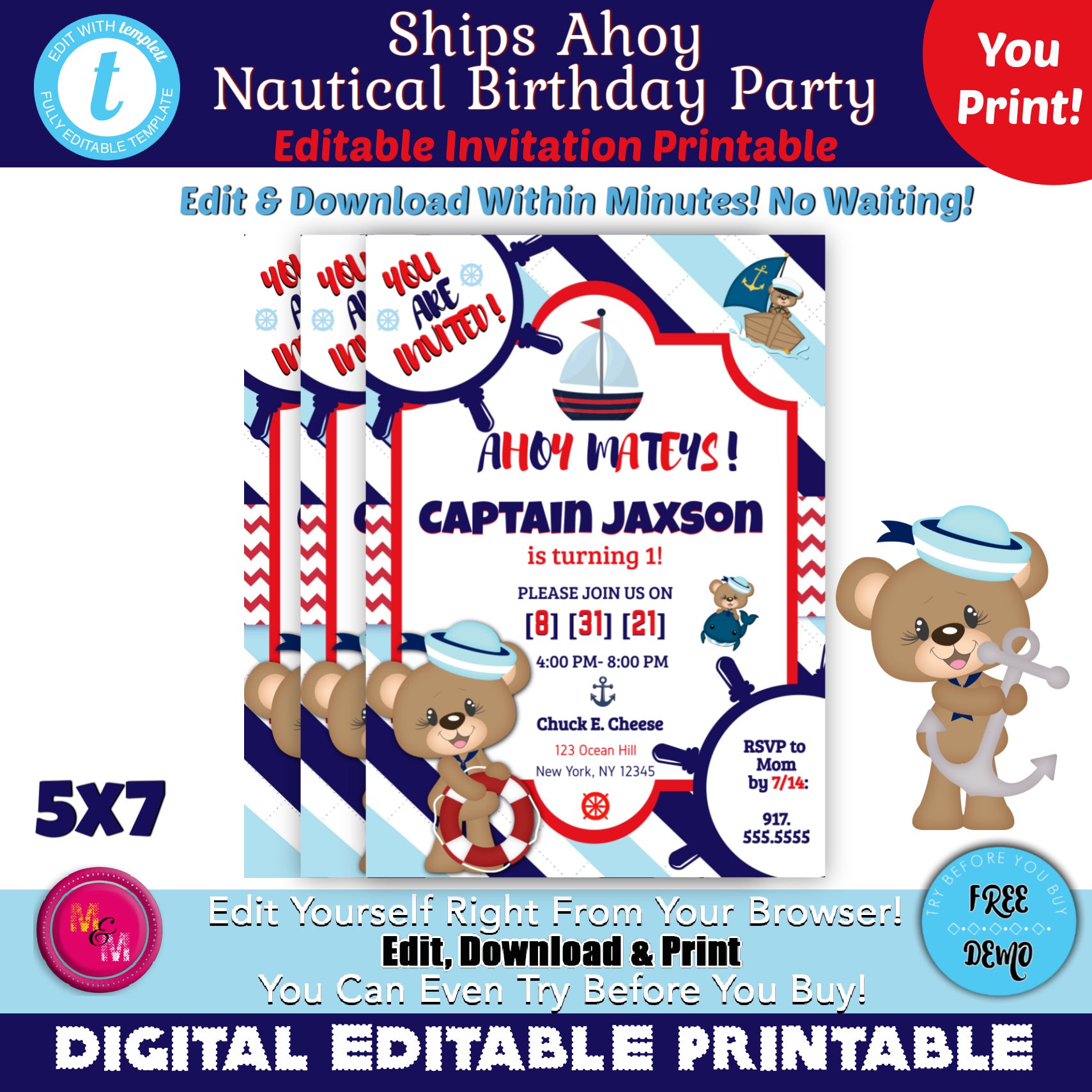 Editable Nautical Birthday Party invitation, Sailor Birthday, Bear