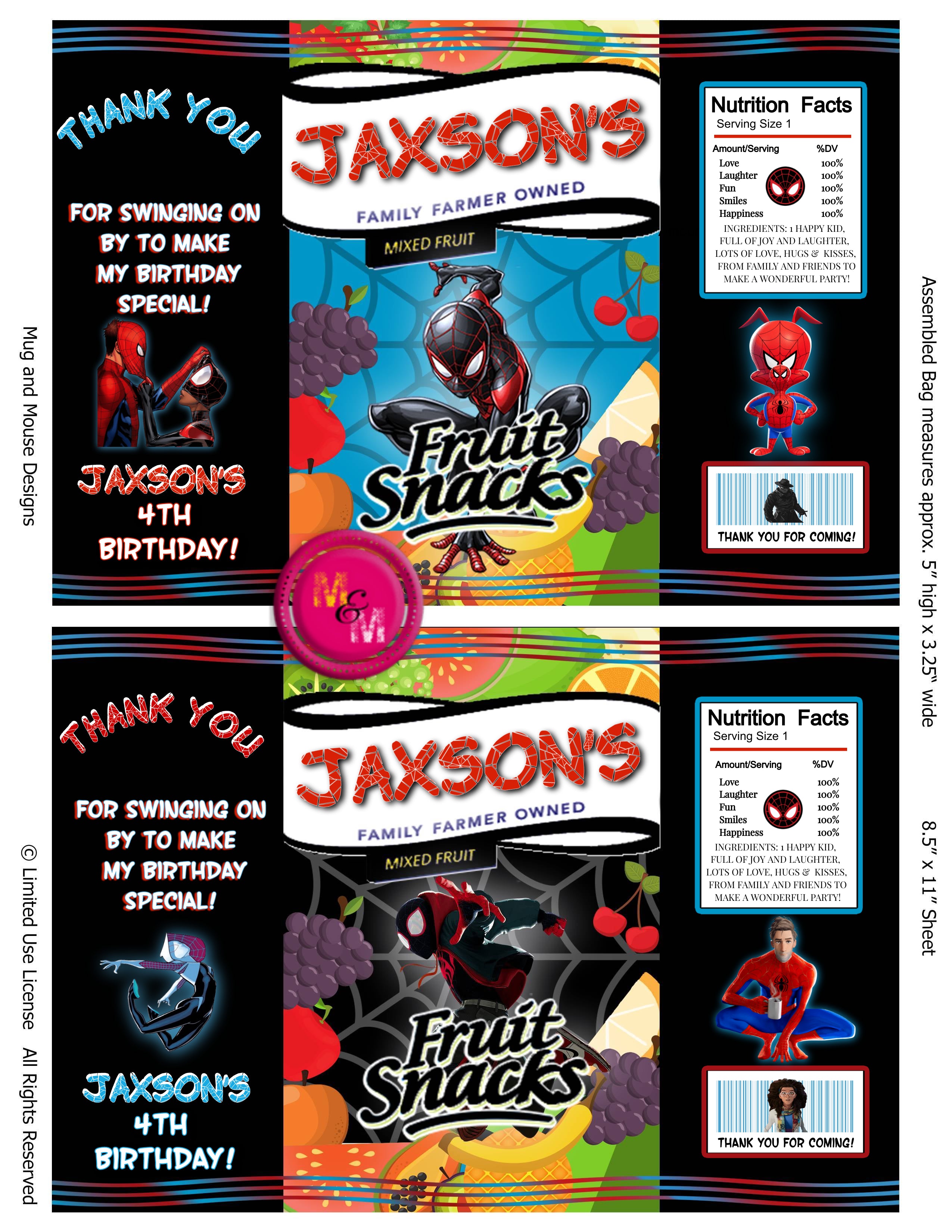 Snacks Rappers Design Editable Into the Spider Verse Fruit Snacks Wrappers – Mug+Mouse Designs