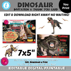Editable  Dinosaur Birthday Invitation & Thank You Card, Dinosaur Party, Dinosaur Party Invitation, T-rex Party