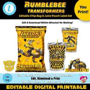 Editable Robot Alien Chip Bag & Juice Pouch Set, Bumblebee Party Favors