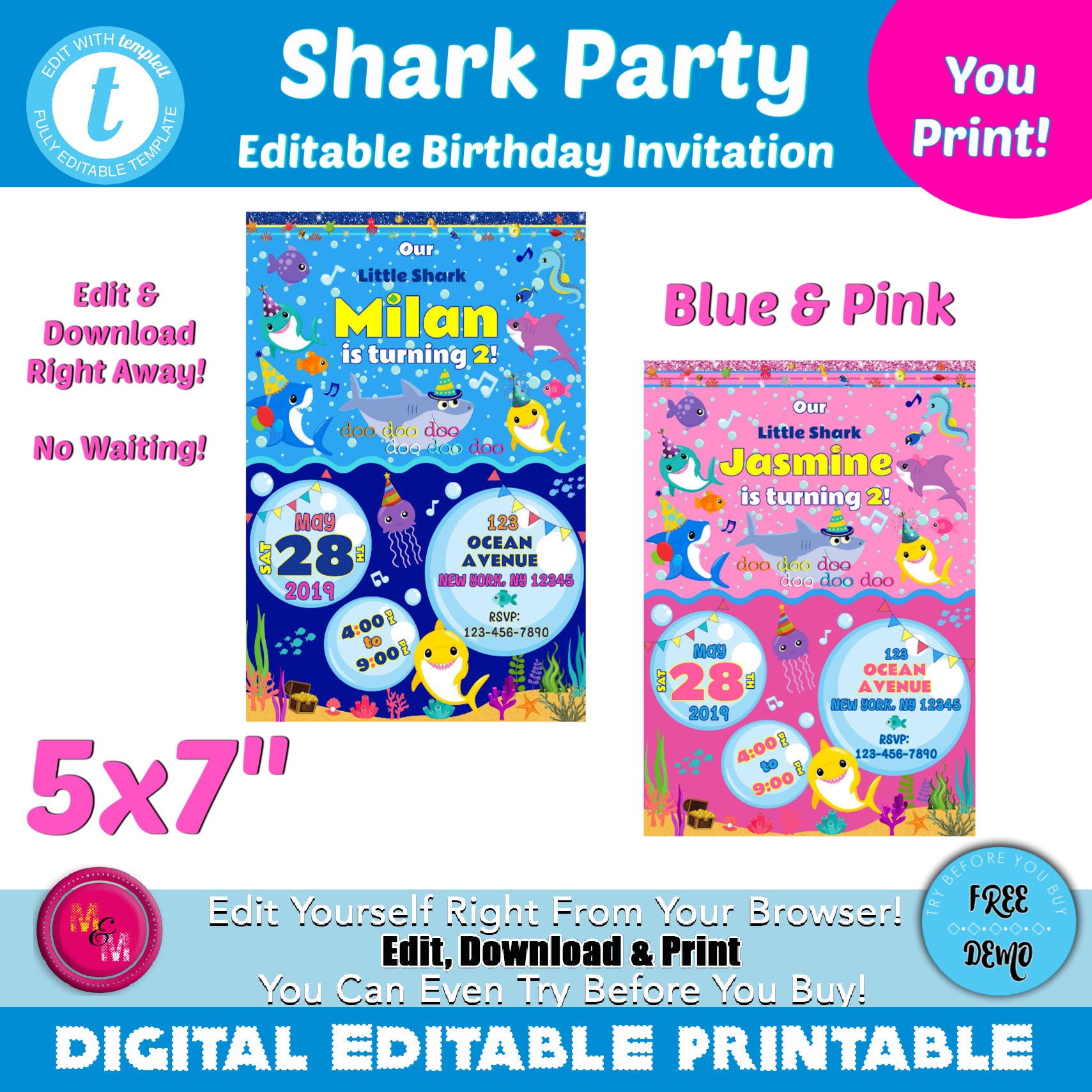 Editable Little Shark Birthday Invitation,  Shark Party Invite,  Shark Printables, Shark Party,