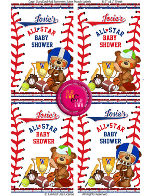 Editable All-Star Baby Shower Sports Chip Bag, Sports Baby Shower Chip Bag Template, Sports Themed Baby Shower Templates
