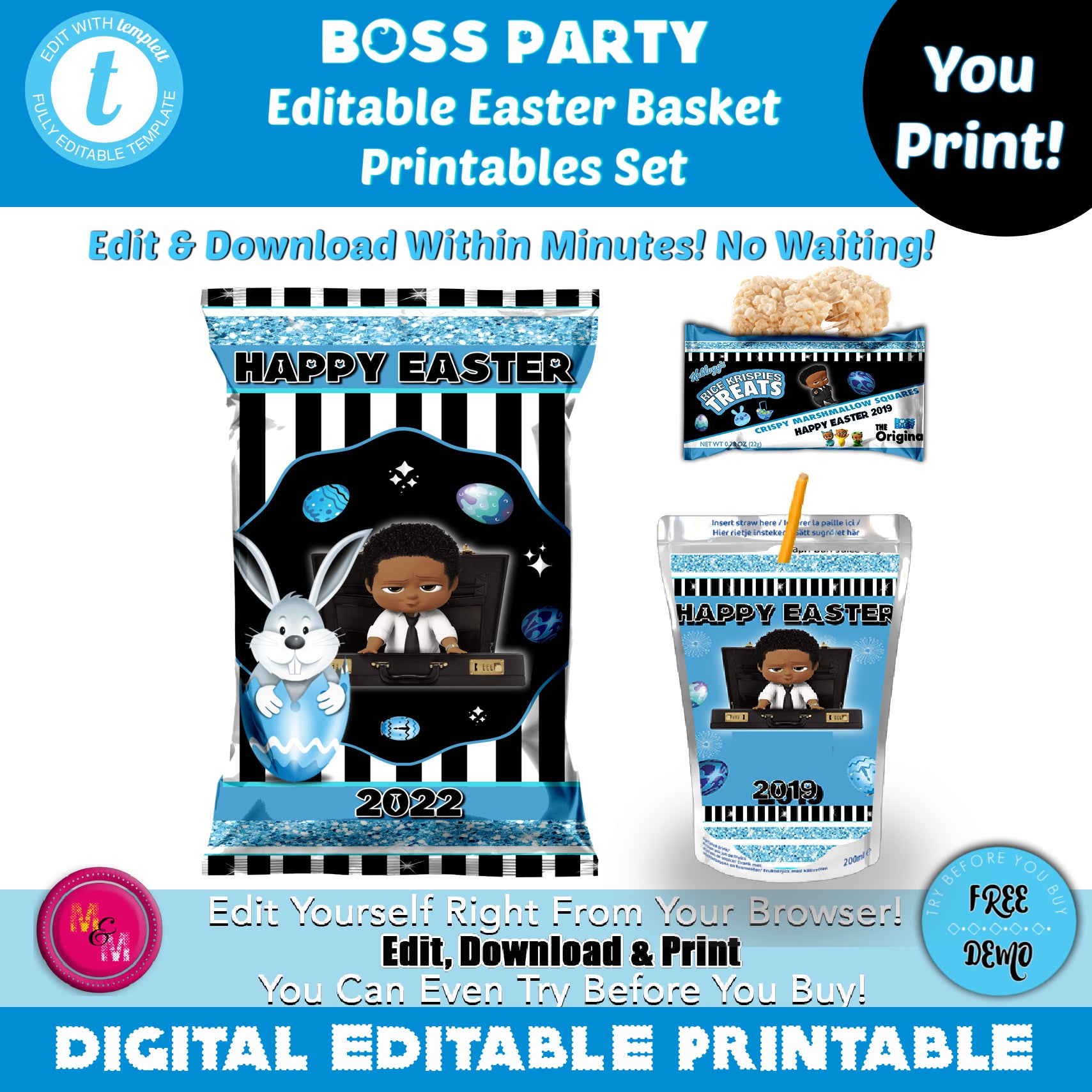 Editable Blue Boss Party Easter Chip Bag Set & Juice Pouch Set, Brown Boss Party Capri Sun Labels, Boss Party Easter Printables