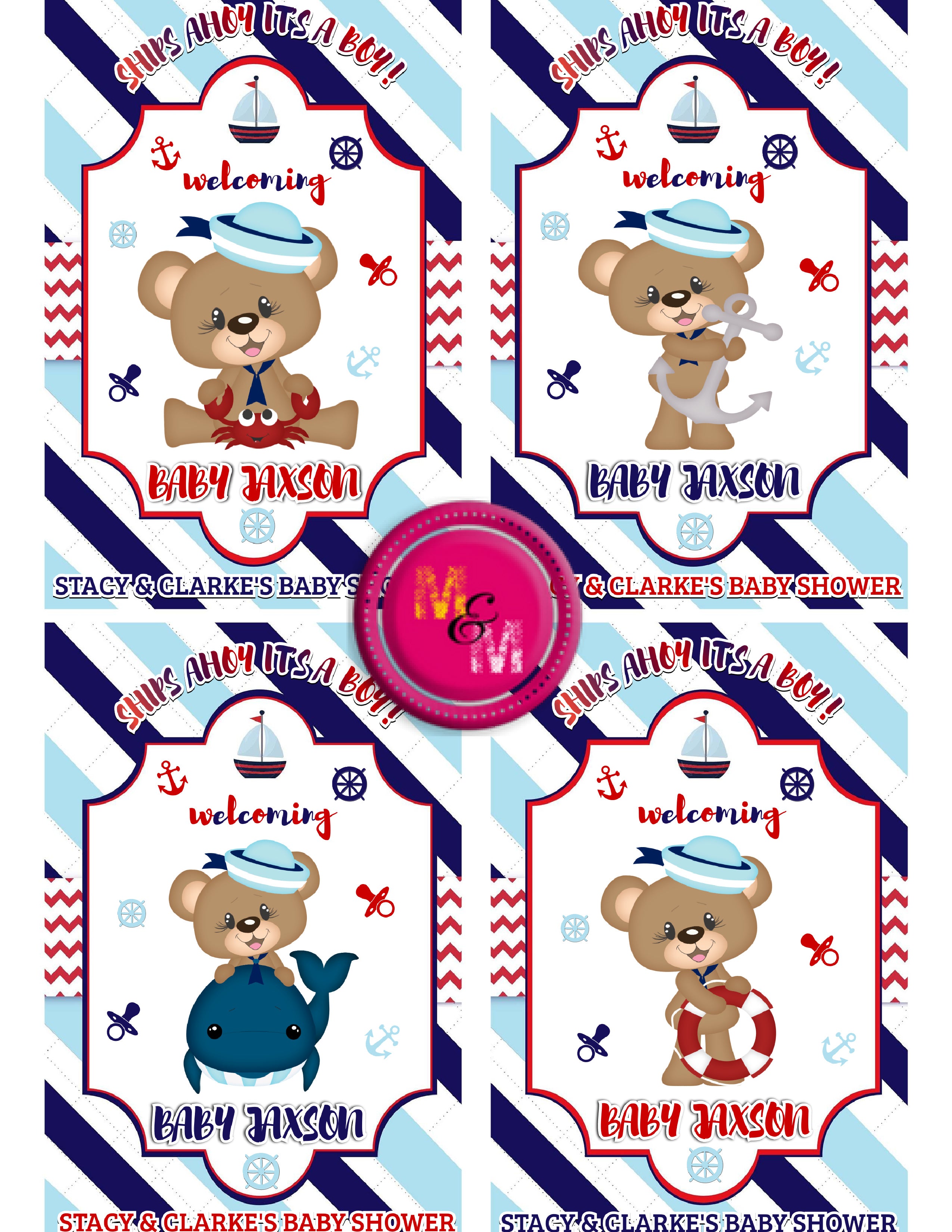 Editable Nautical Ships Ahoy Baby Shower Party Favors, Ships Ahoy Chip Bag Set, Sailor Baby Shower, Boy Bear Baby Shower