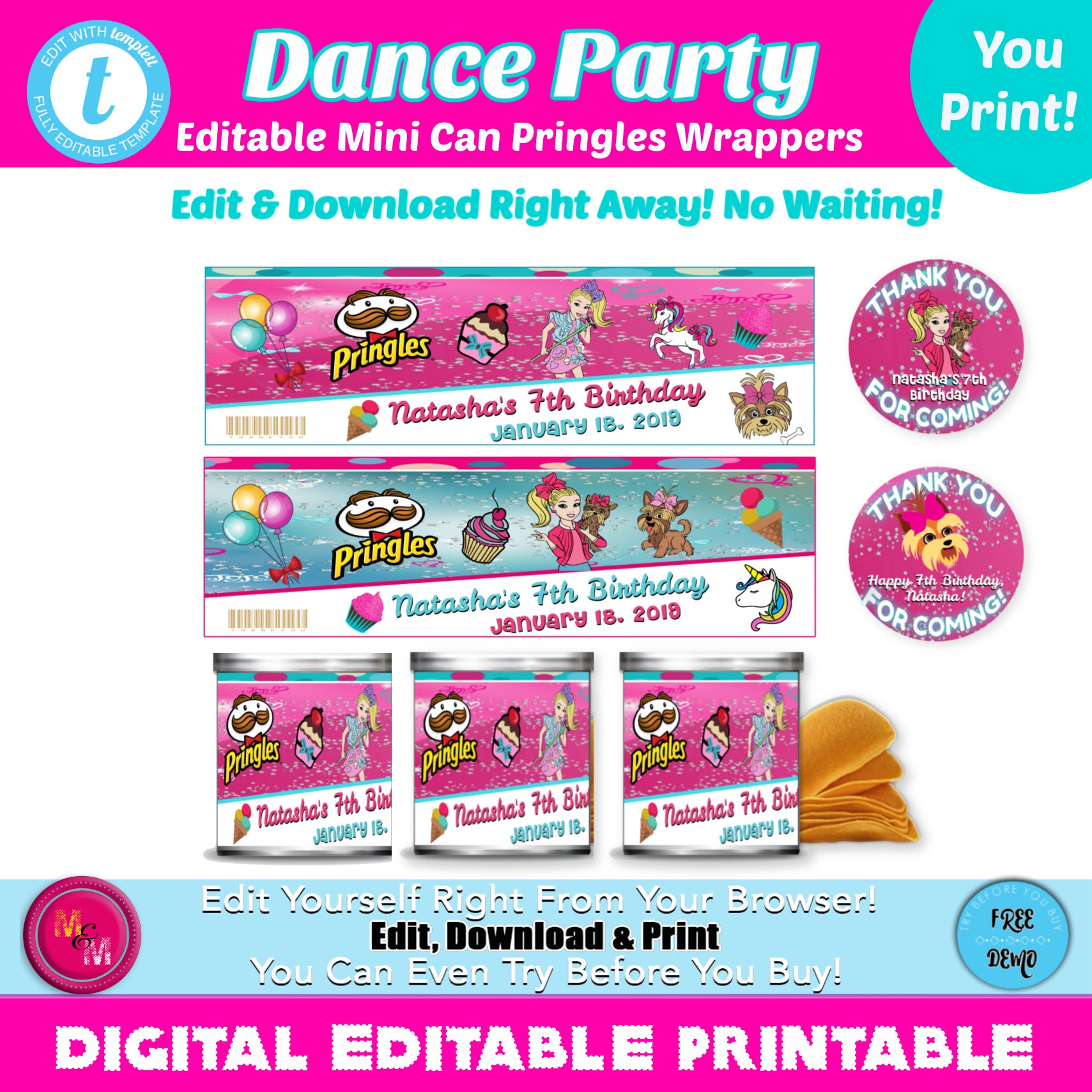 Editable Dance Party Mini Pringle Can Labels Printables, Dance Party Potato Chip Can Labels, Dance Party Mini Pringle Can Wrappers, DIY Print