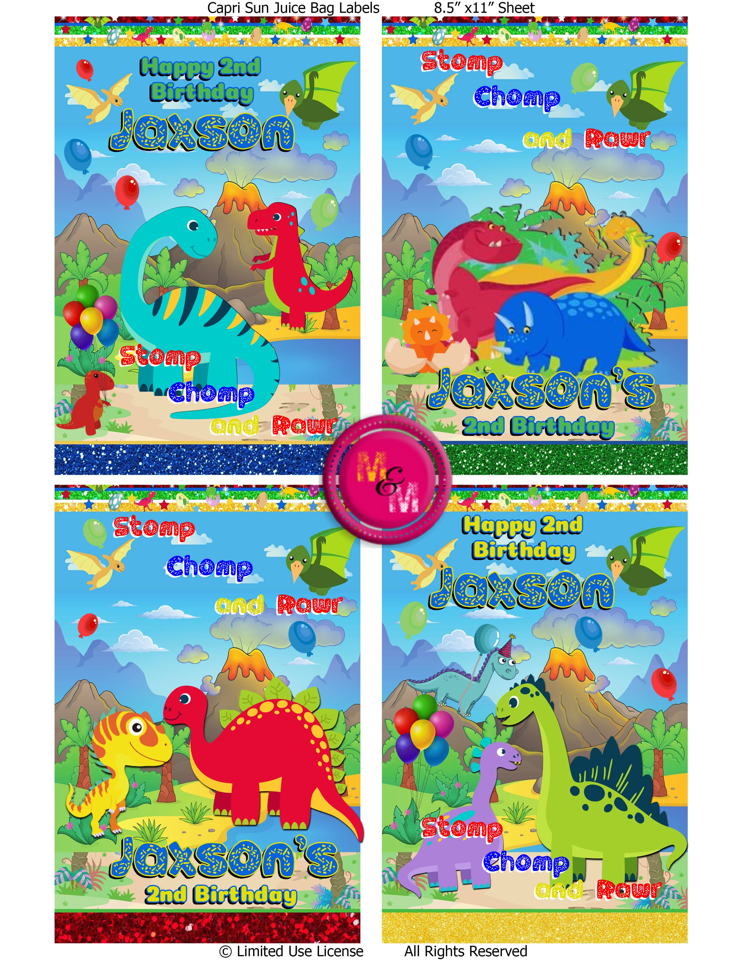 Editable Cute Dinosaur Chip Bag & Juice Pouch Set, Dinosaur Birthday Party Favors