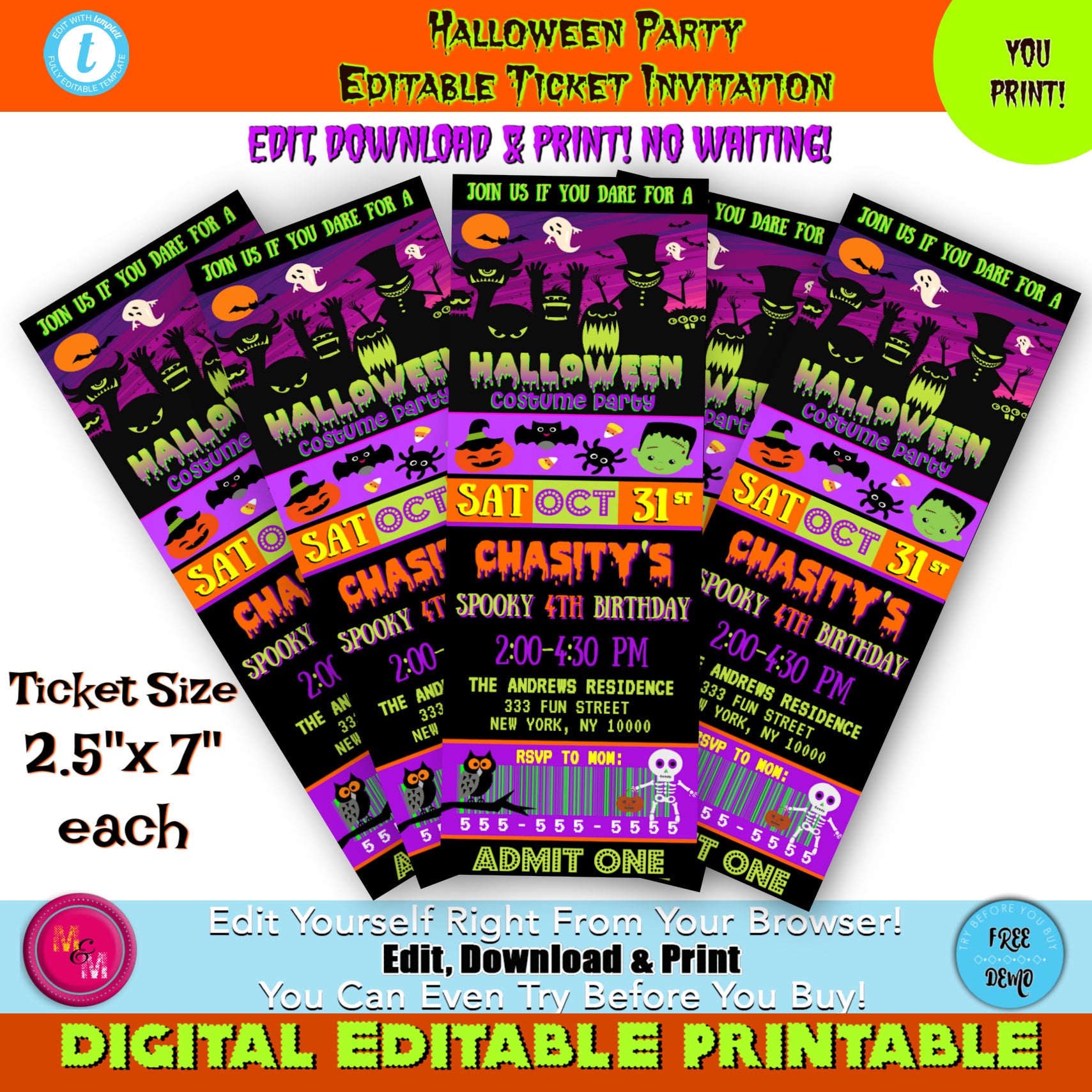 Editable Halloween Party Ticket Invitation Printable, Halloween cinema ticket invitation, Halloween Birthday Invite, Costume Party Invite
