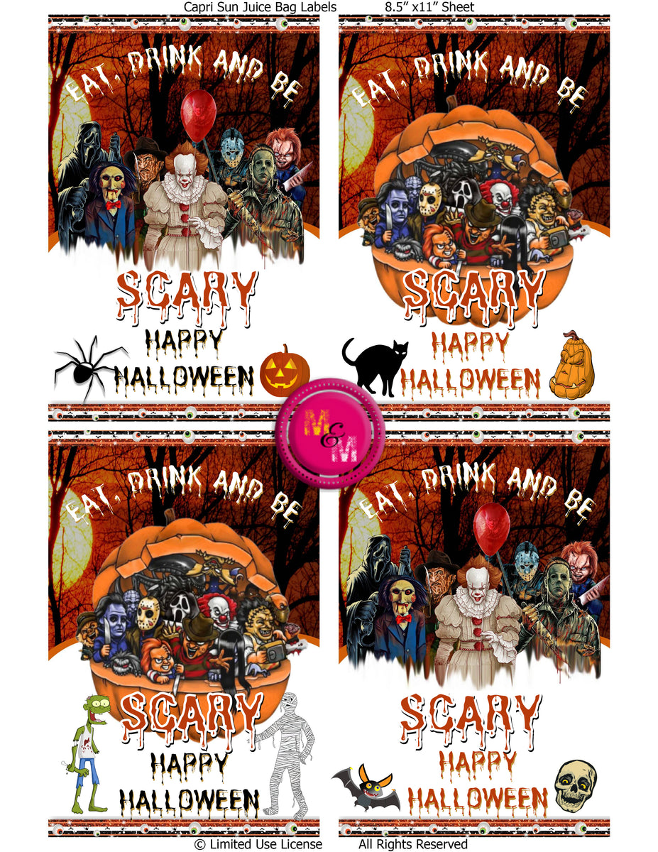 Animation Horror Bag Rounds Editable Horror Movie Halloween Chip Bag Set, Horror Movie Party Favor ...