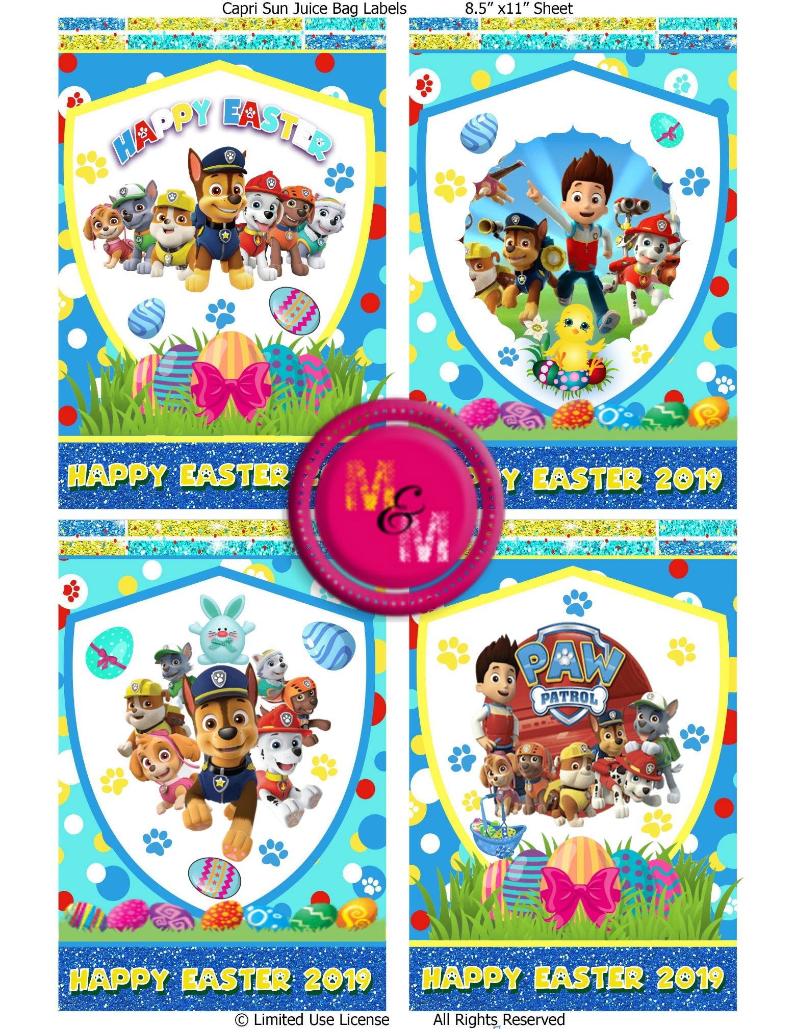 Editable Paw Patrol Easter Easter Chip Bag  & Juice Pouch Label Set,  Paw Patrol Chip Bag, Paw Patrol Easter Basket Printables - mugandmousedesigns