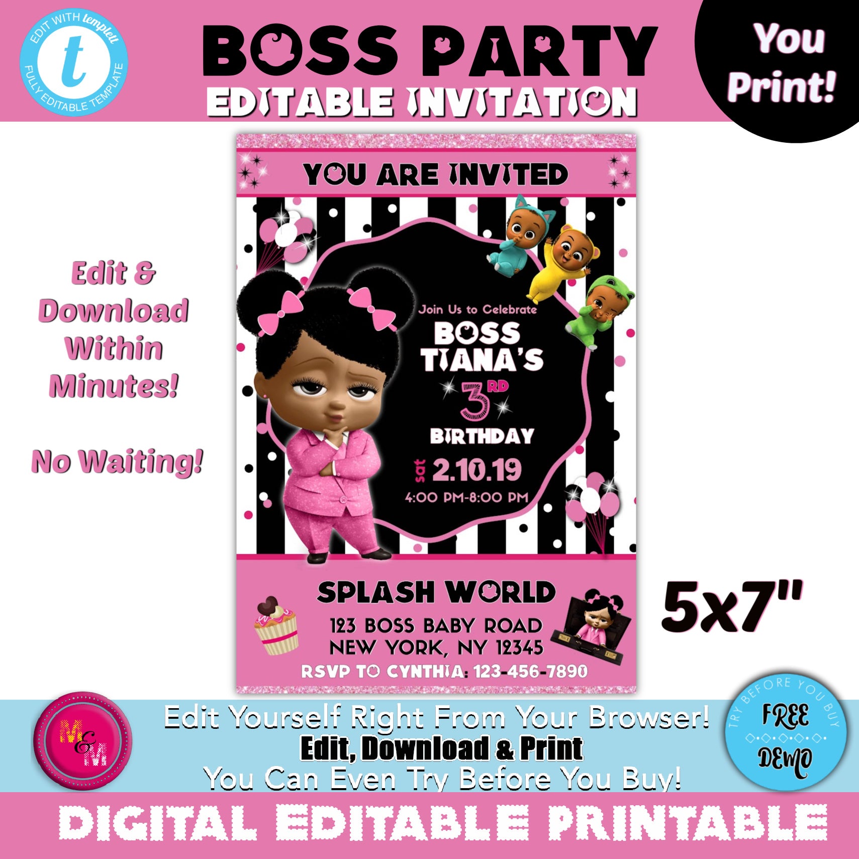 Editable Pink Black Boss Party Invitation Printable, Girl Boss Invite