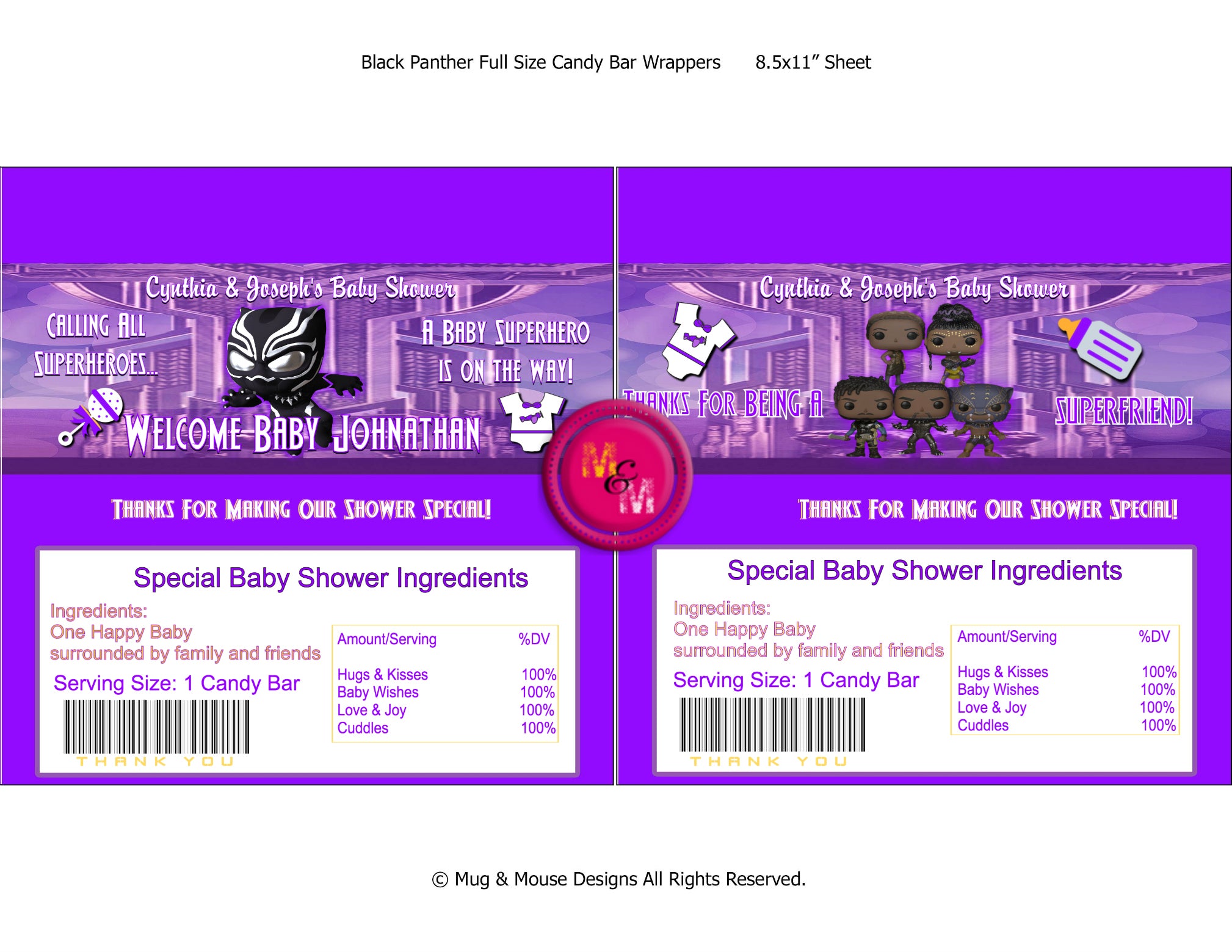 Editable Purple Black Panther Baby Shower Supplies Set - mugandmousedesigns