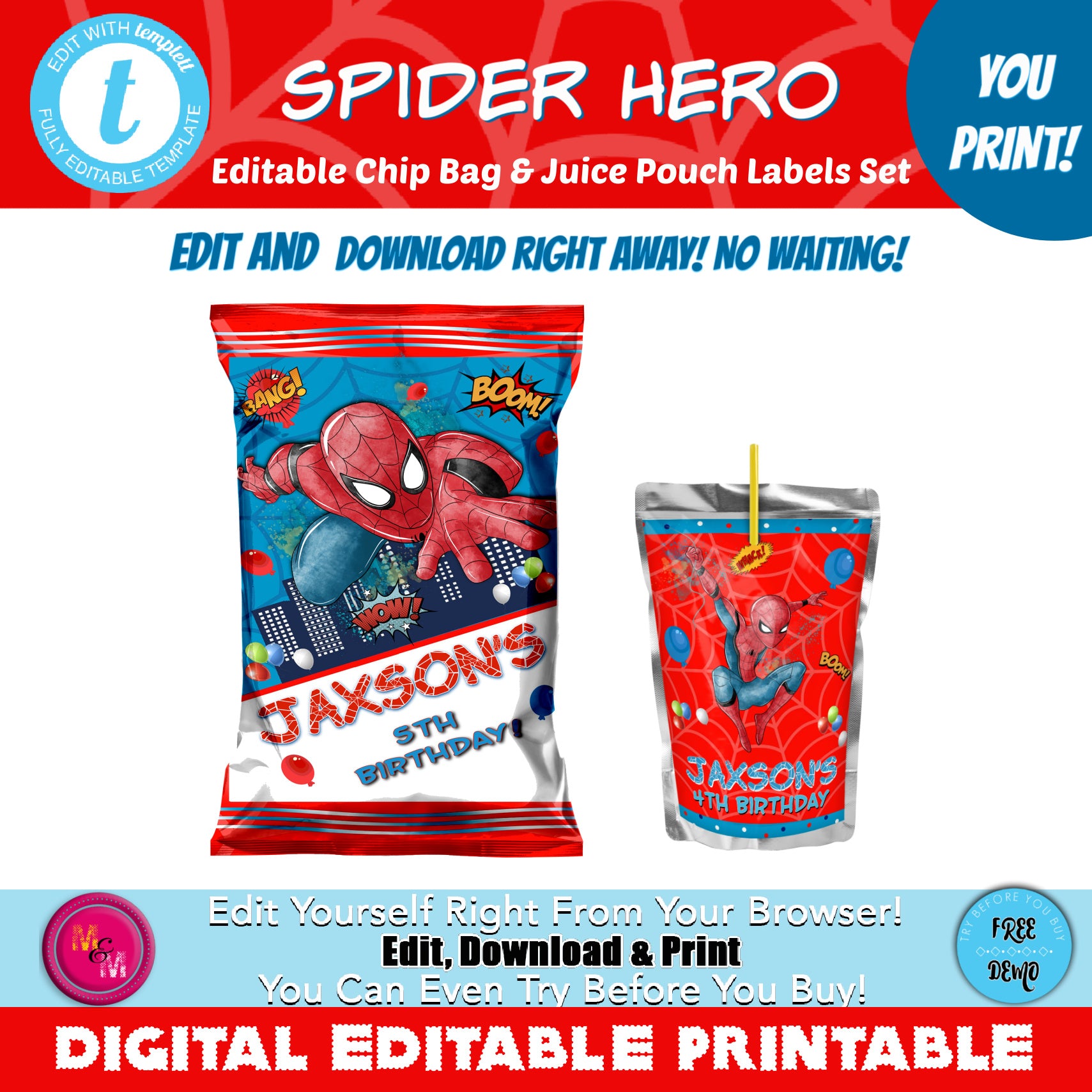 Editable Spider Hero Chip Bag, Spider Superhero party favors