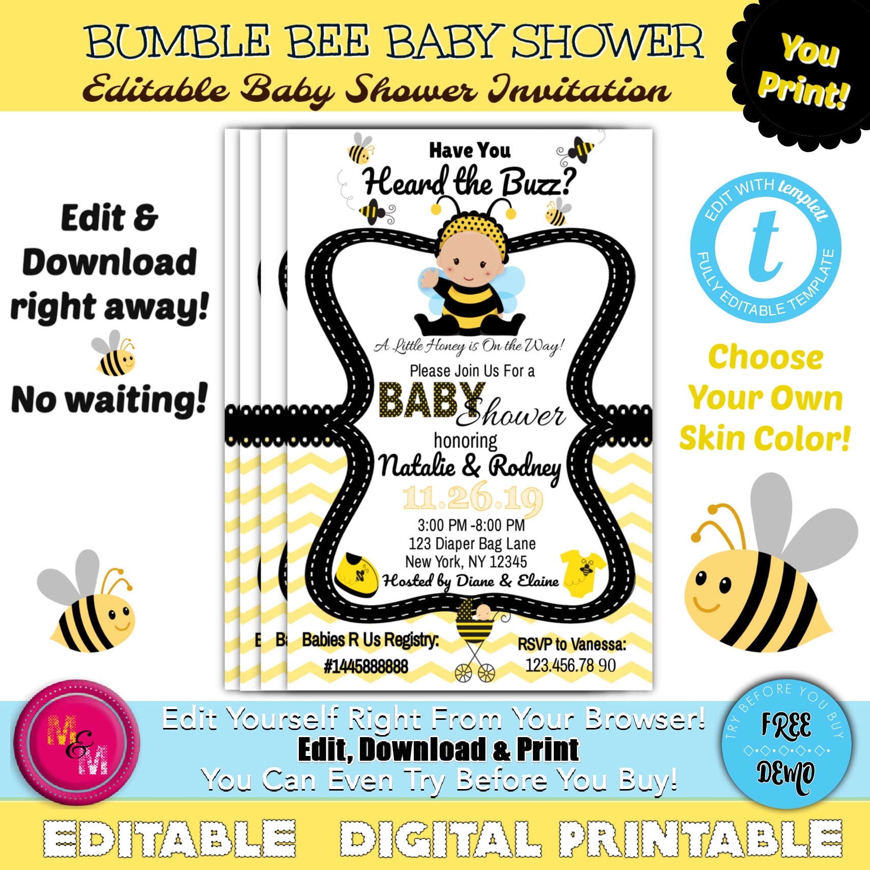 Editable  Bumble Bee Baby Shower Invitations Printable, Bumblebee Invitation