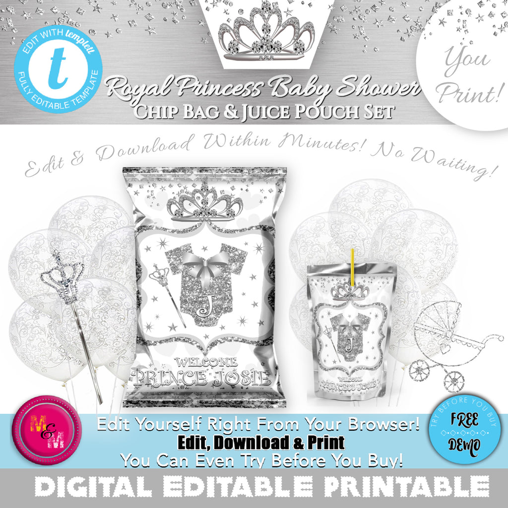 Editable Silver & White Royal Princess Baby Shower Chip Bag & Juice Pouch Set, Baby Princess Party Favors