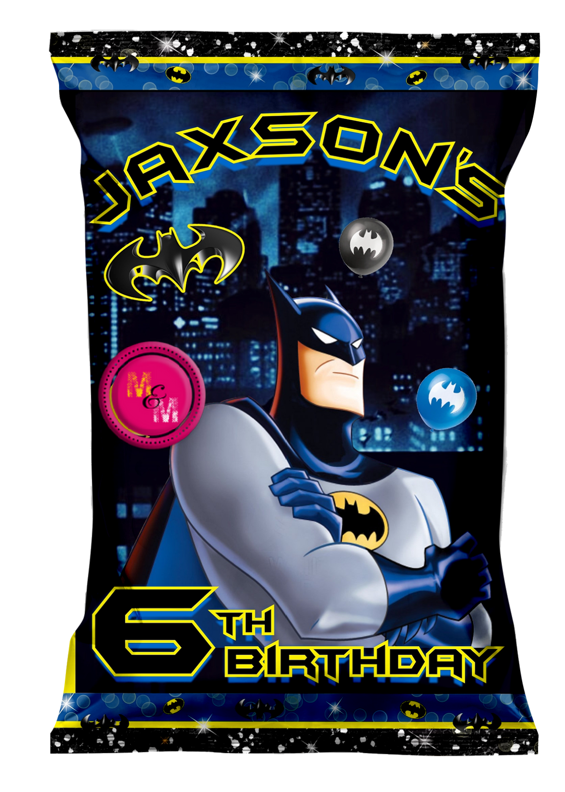 Editable Superhero Bat Chip Bag & Juice Pouch Set, Superhero Bat Party Favors