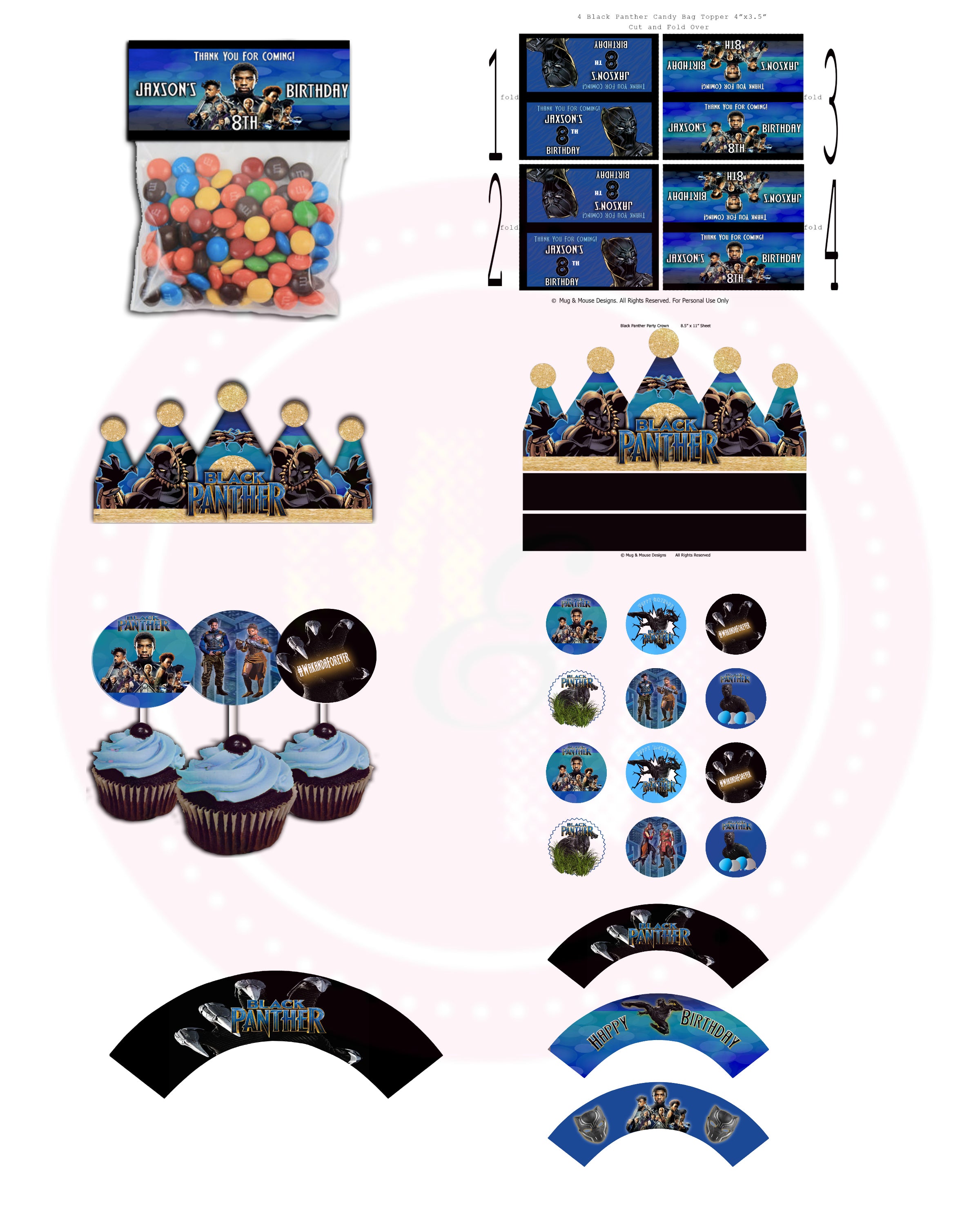 Editable Blue Black Panther Party Supplies Kit 4, Superhero Party Kit - mugandmousedesigns