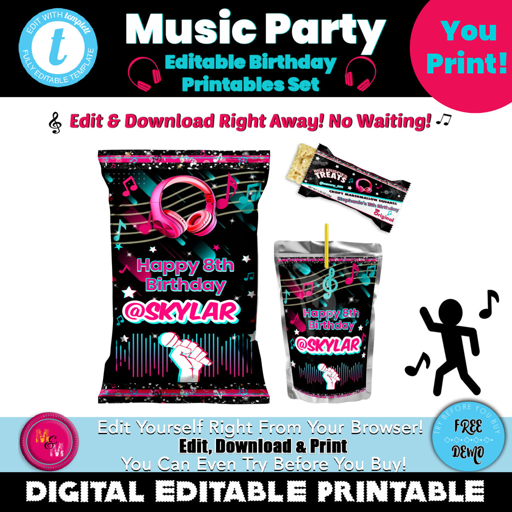 Editable Black Musical Chip Bag Set, Musical Party Favor Bag, Musical Birthday Party Kit, Teen Favor Bags, Dance chip bags, Music Party Printables