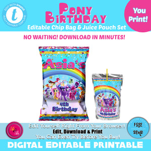 Editable Pony Birthday Chip Bag and Juice Pouch Set, Pony Birthday Printables, Pony Birthday Capri Sun Labels, Unicorn Chip Bag