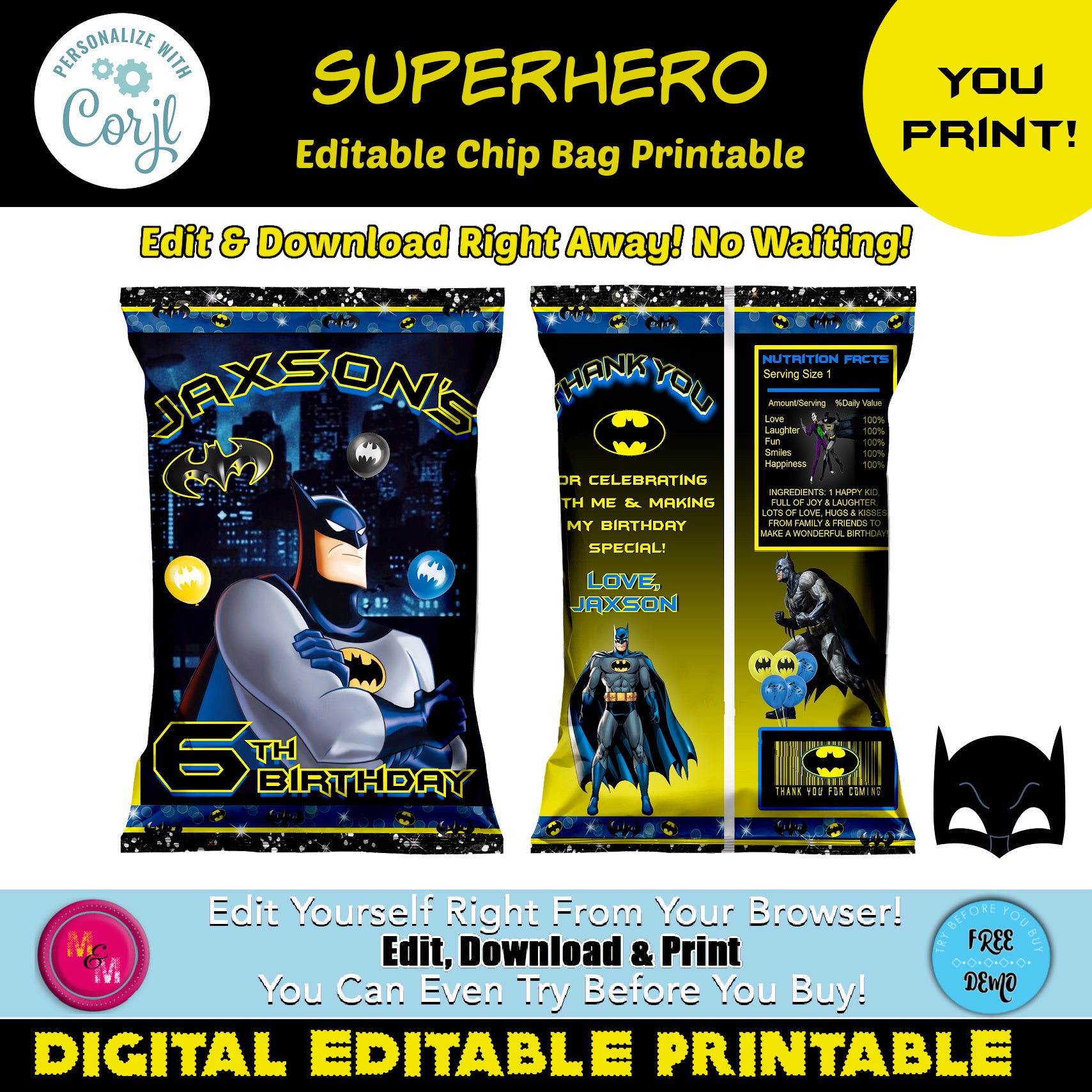 Editable Superhero Bat Chip Bag, Superhero Bat Party Favors, Superhero Bat Printables