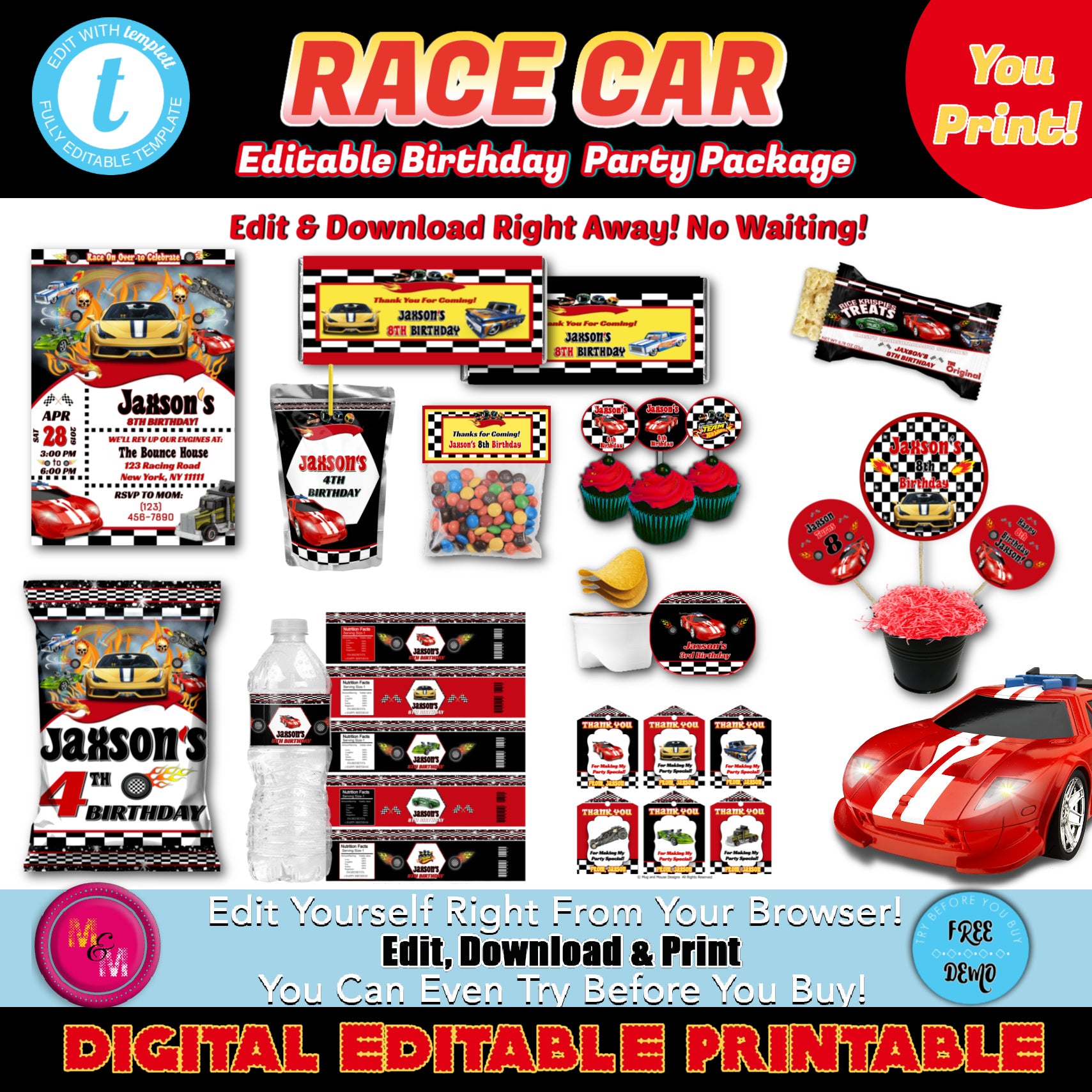 Editable Race Car Party Kit, Race Car Decorations