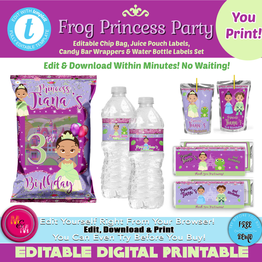 Editable  Frog Princess Chip Bag Set, Princess Party Bundle
