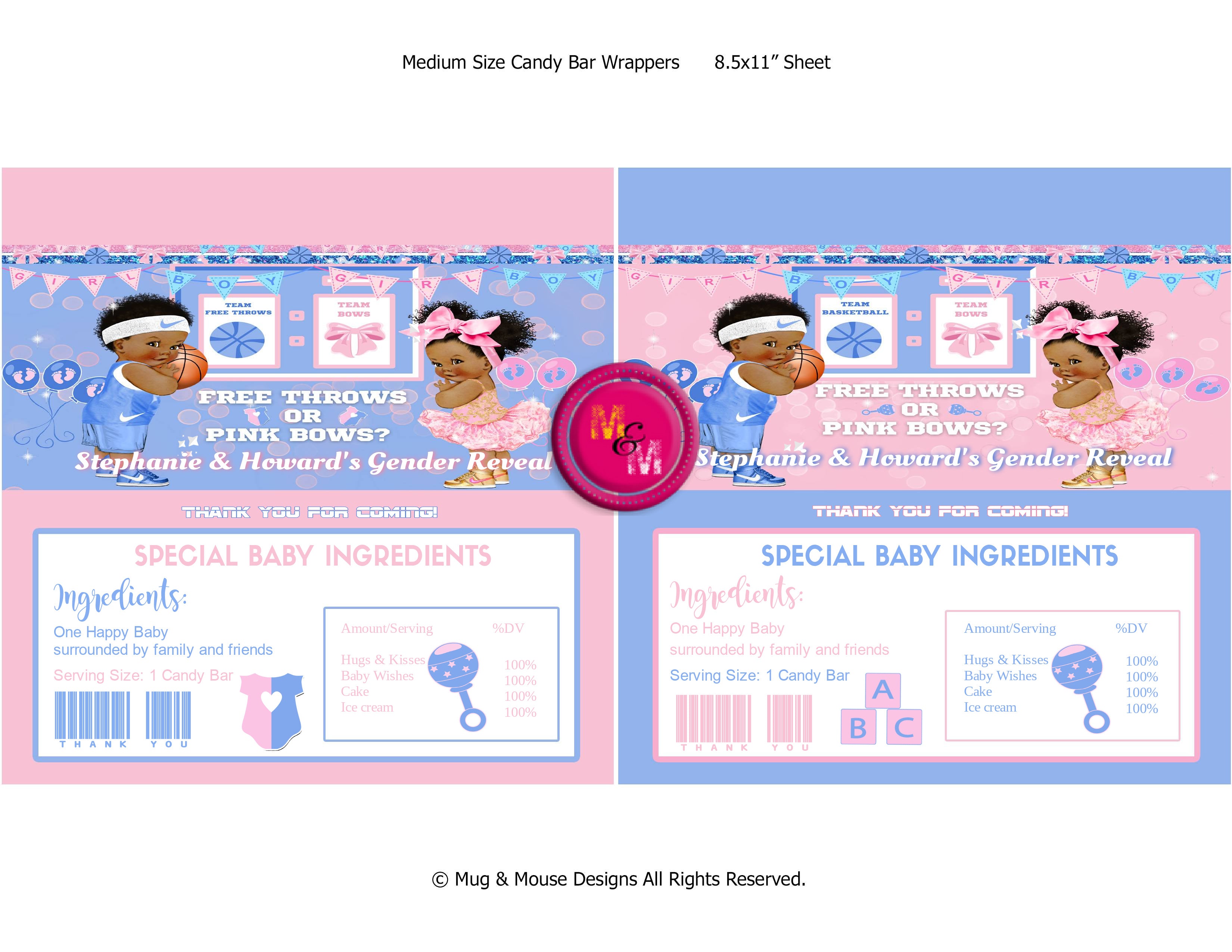 Editable Free Throws & Pink Bows Chip Bag Set, Basketball Gender Reveal Set, Blue & Pink Gender Reveal Party Favors