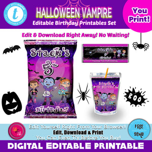 Editable Halloween Vampire Chip Bag Set, Halloween Chip Bag Set, Halloween Vampire Juice Pouch Labels, Halloween Printables, Halloween Birthday