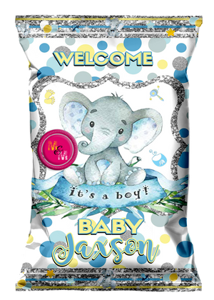 Editable Blue Lil Peanut Elephant Baby Shower Chip Bag Set, Elephant Water Bottle and Candy Bar Wrappers