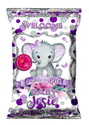 Editable Purple Lil Peanut Elephant Chip Bag Set, Elephant Water Bottle and Candy Bar Wrappers