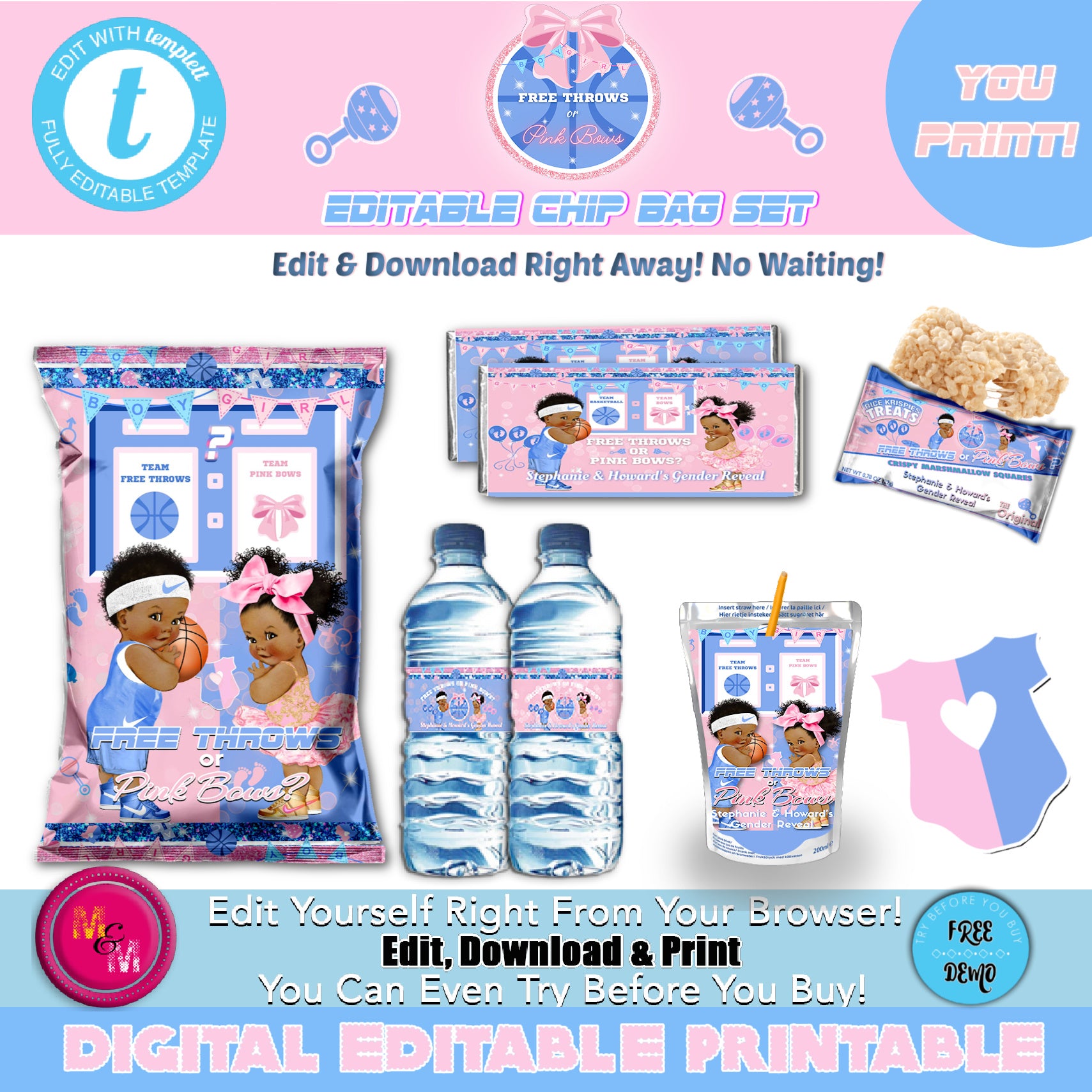 Editable Free Throws & Pink Bows Chip Bag Set, Basketball Gender Reveal Set, Blue & Pink Gender Reveal Party Favors